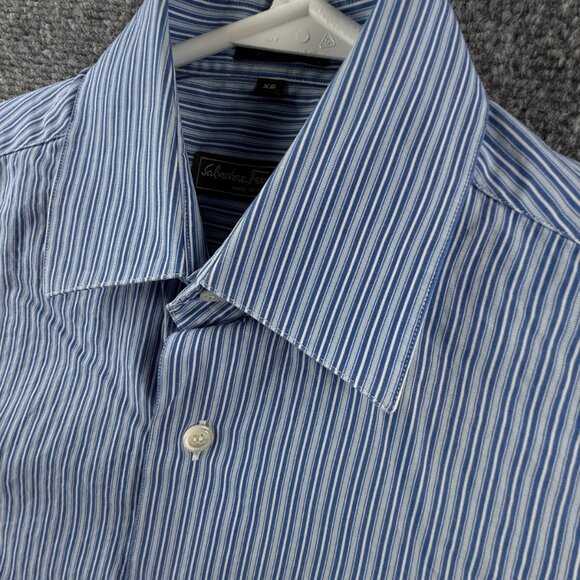 Salvatore Ferragamo XS Blue Stripe Short Sleeve Button Up Shirt Men Cotton Woven - Picture 9 of 15